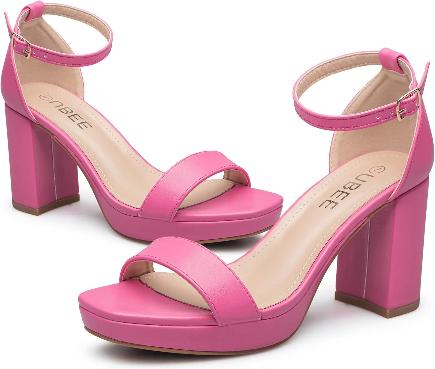 UBEE Nude High Heels Women's open toe ankle strap Thick heel Pump Sandals Party wedding Buckle Sandals
