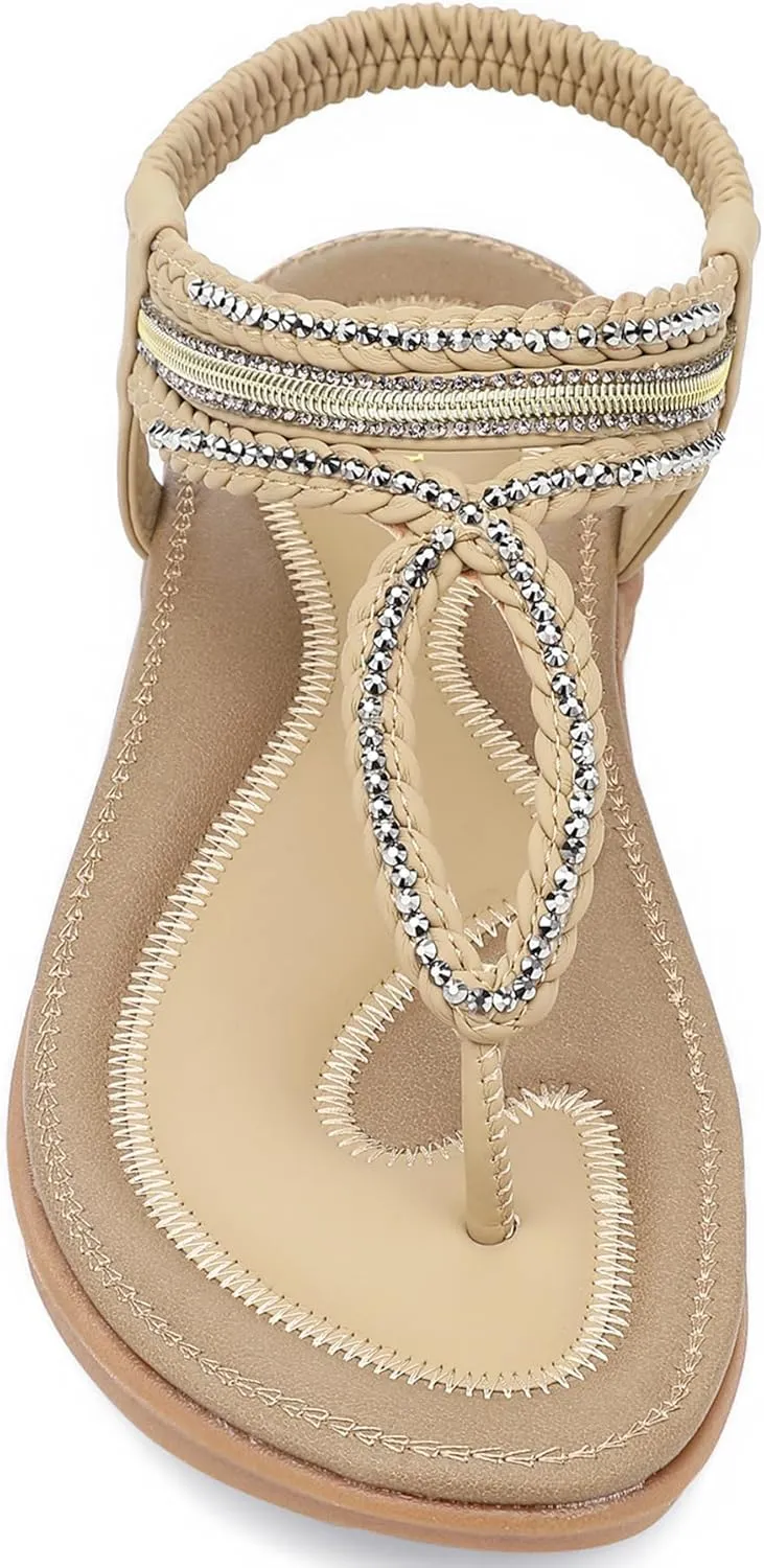 UBFEN Womens Bohemian Flat Sandals With Back Strap Summer Beach Comfortable Bling