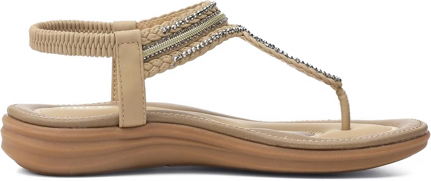 UBFEN Womens Bohemian Flat Sandals With Back Strap Summer Beach Comfortable Bling