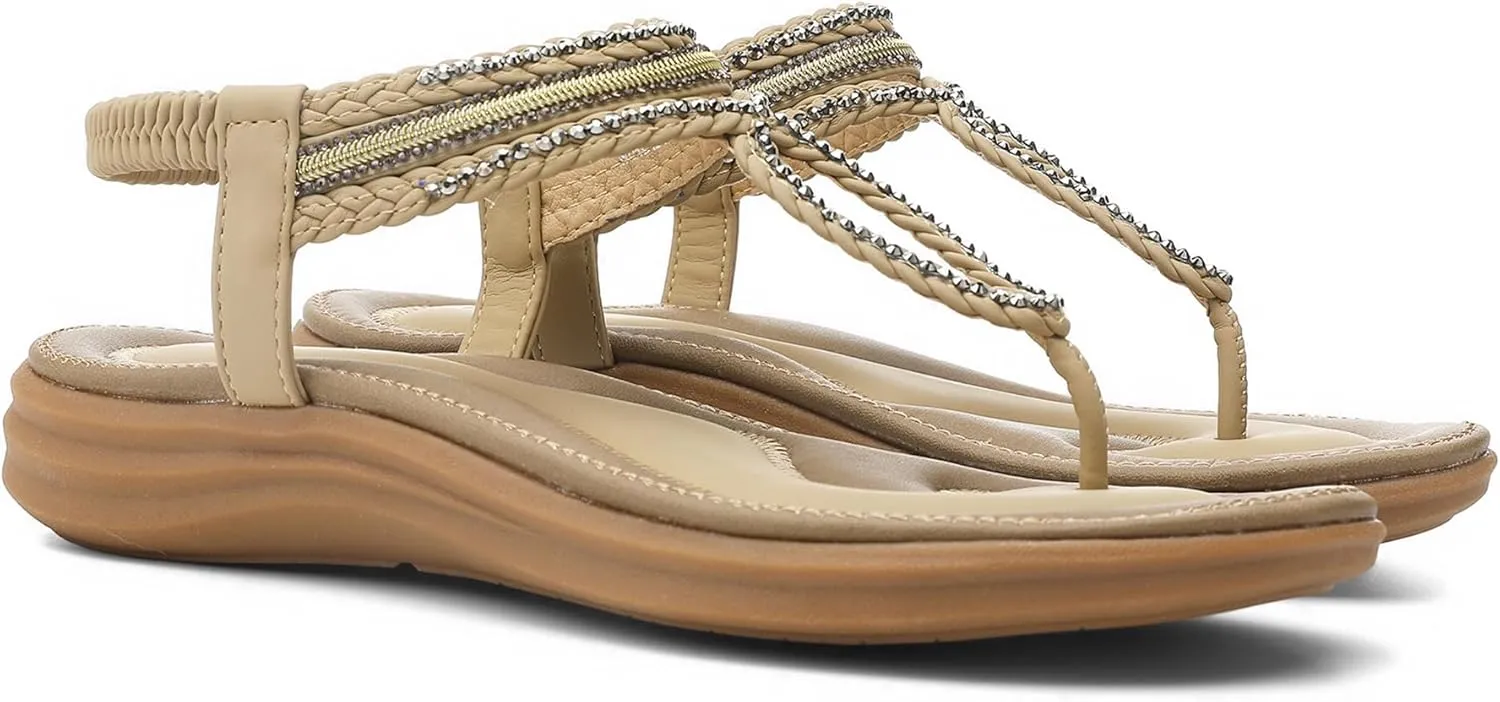 UBFEN Womens Bohemian Flat Sandals With Back Strap Summer Beach Comfortable Bling