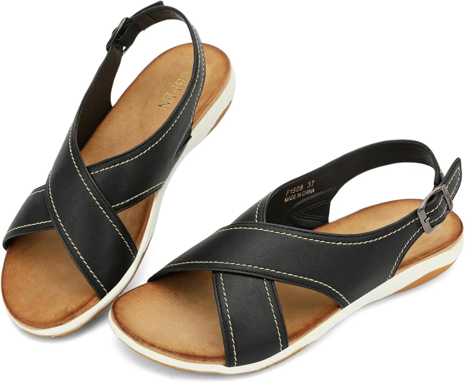 UBFEN Womens Flat Sandals Arch Support Open Toe Adjustable Slingback Cross Strap Dressy Casual Comfortable Summer Shoes