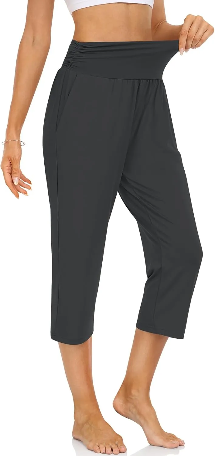 UEU Women's Capri Pants Summer Loose Yoga Pants Comfy Workout Cropprd Pants with Pockets