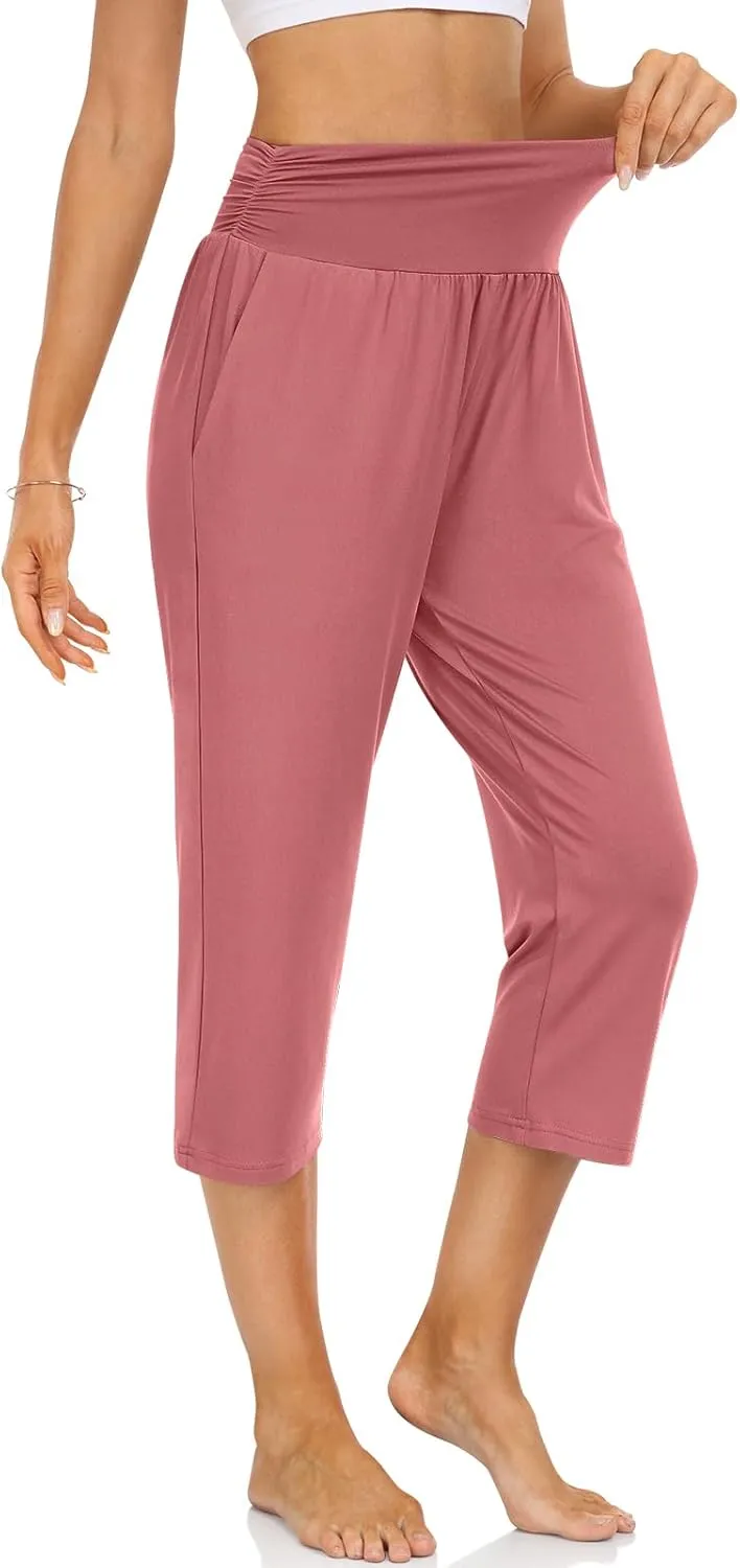UEU Women's Capri Pants Summer Loose Yoga Pants Comfy Workout Cropprd Pants with Pockets