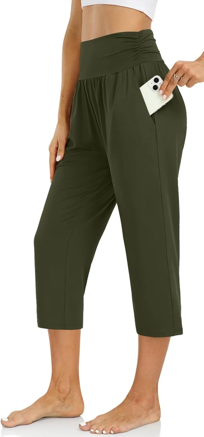 UEU Women's Capri Pants Summer Loose Yoga Pants Comfy Workout Cropprd Pants with Pockets