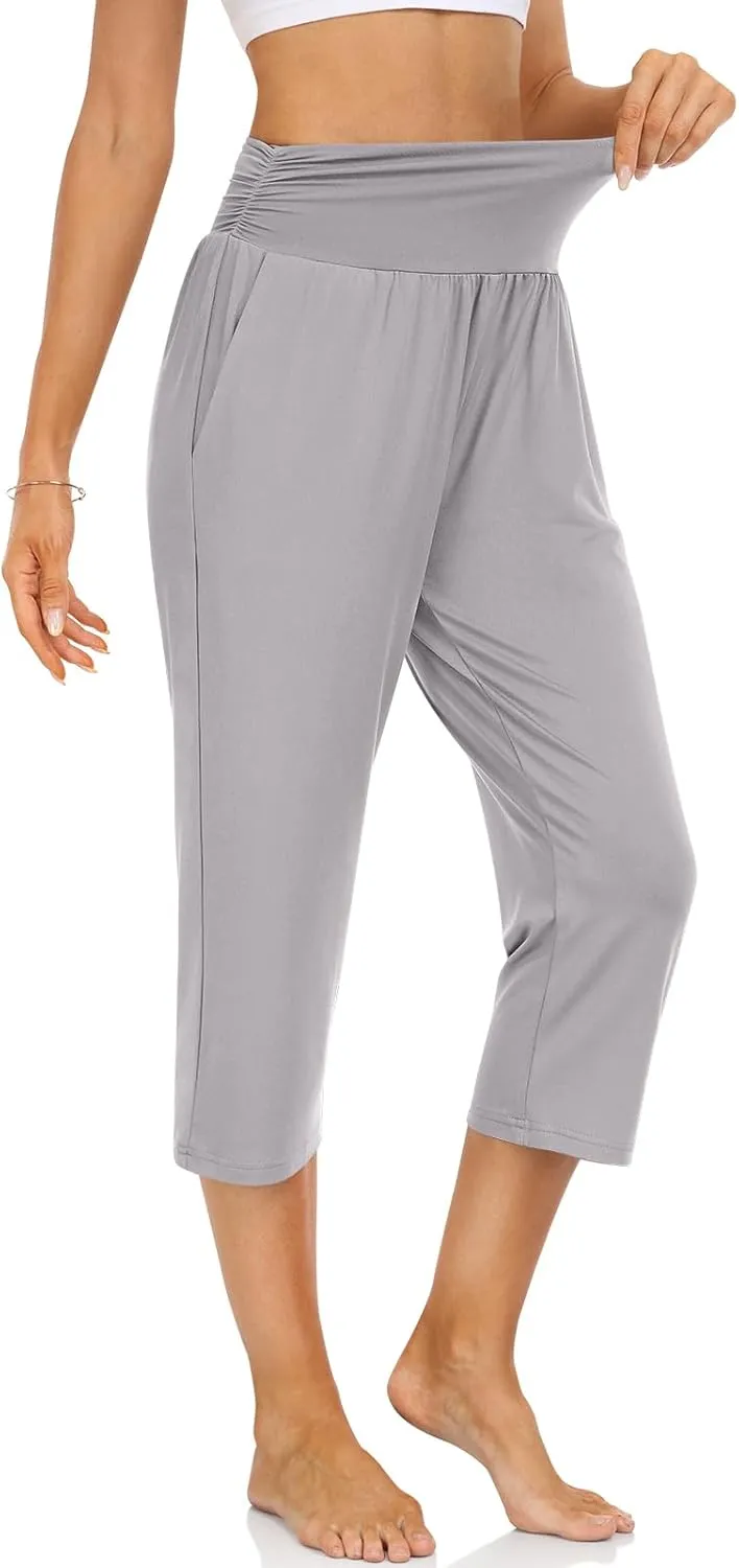 UEU Women's Capri Pants Summer Loose Yoga Pants Comfy Workout Cropprd Pants with Pockets