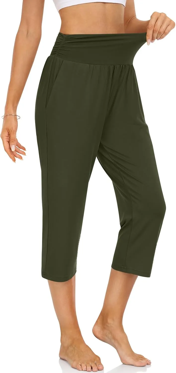 UEU Women's Capri Pants Summer Loose Yoga Pants Comfy Workout Cropprd Pants with Pockets