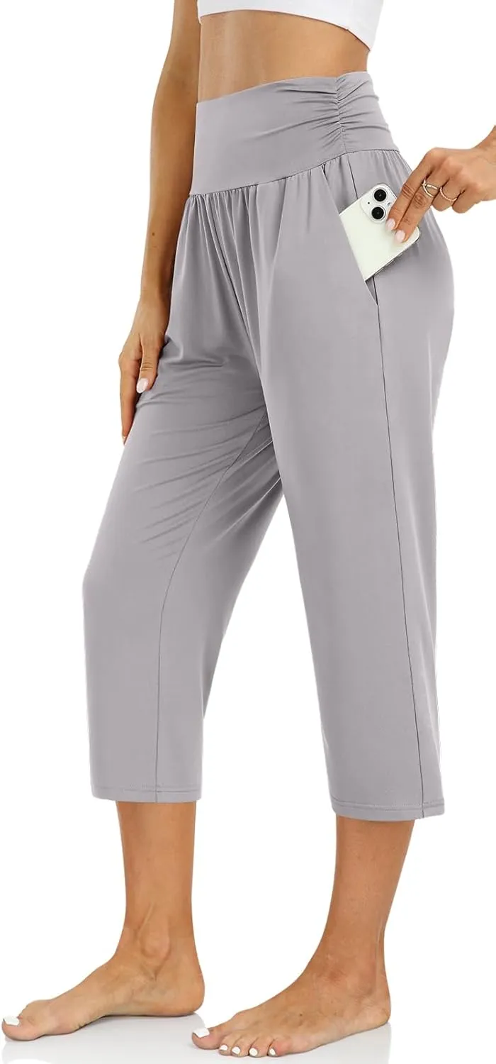 UEU Women's Capri Pants Summer Loose Yoga Pants Comfy Workout Cropprd Pants with Pockets