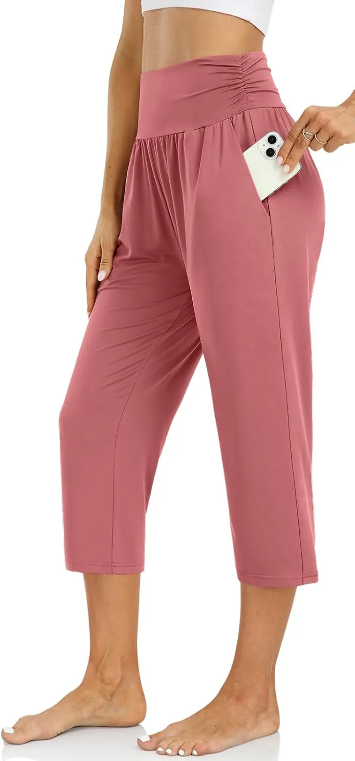 UEU Women's Capri Pants Summer Loose Yoga Pants Comfy Workout Cropprd Pants with Pockets