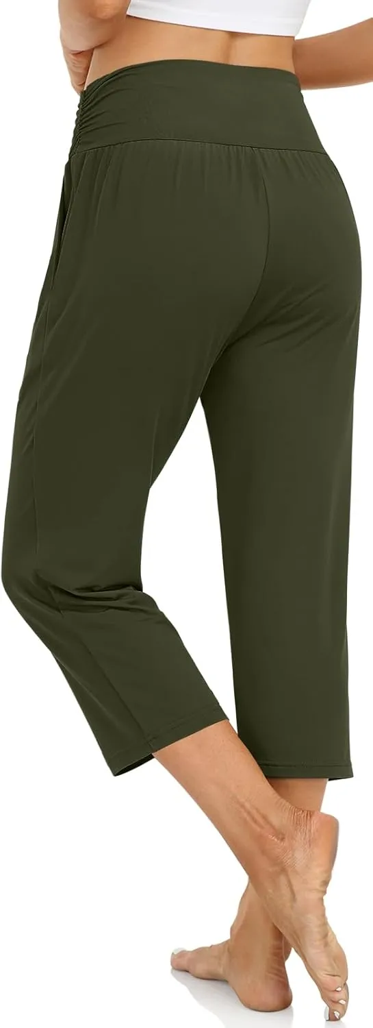 UEU Women's Capri Pants Summer Loose Yoga Pants Comfy Workout Cropprd Pants with Pockets