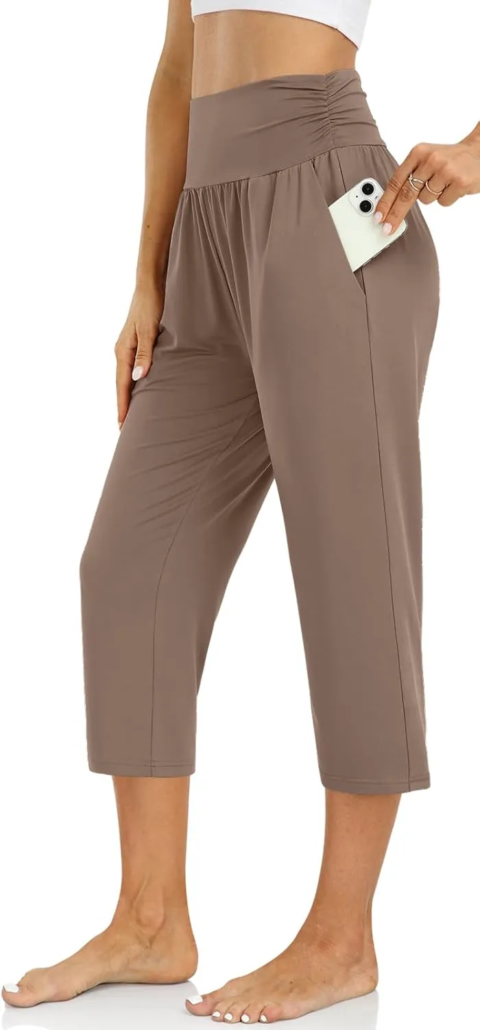 UEU Women's Capri Pants Summer Loose Yoga Pants Comfy Workout Cropprd Pants with Pockets