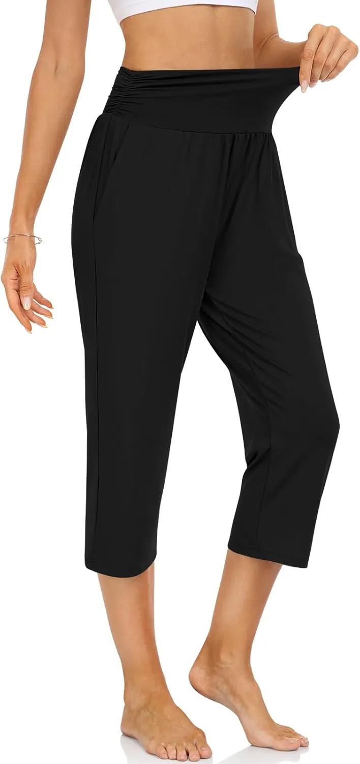 UEU Women's Capri Pants Summer Loose Yoga Pants Comfy Workout Cropprd Pants with Pockets