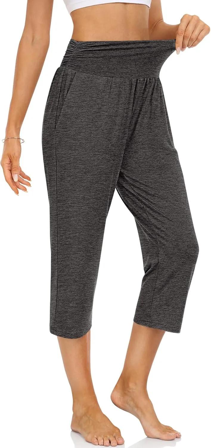 UEU Women's Capri Pants Summer Loose Yoga Pants Comfy Workout Cropprd Pants with Pockets