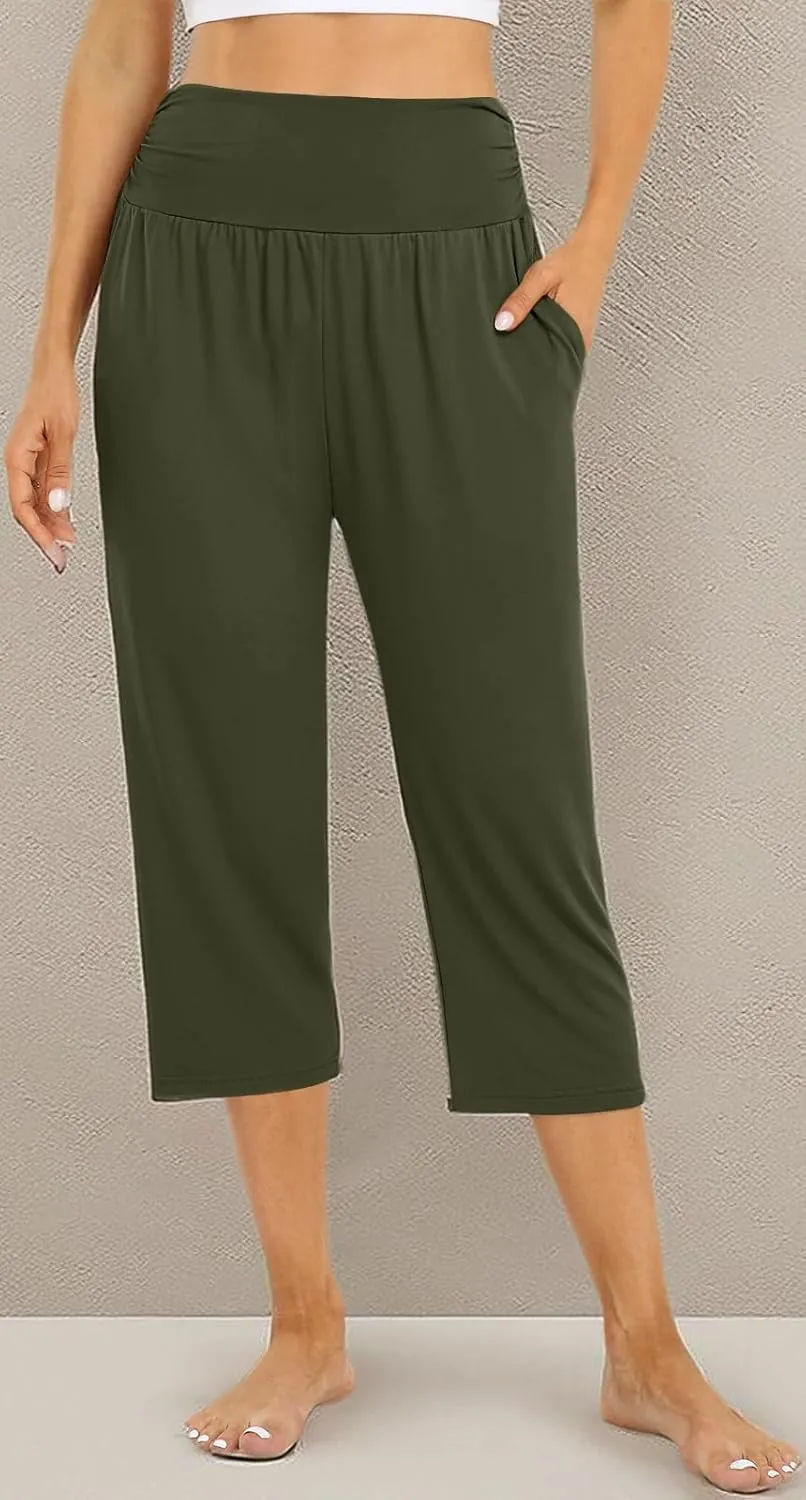 UEU Women's Capri Pants Summer Loose Yoga Pants Comfy Workout Cropprd Pants with Pockets