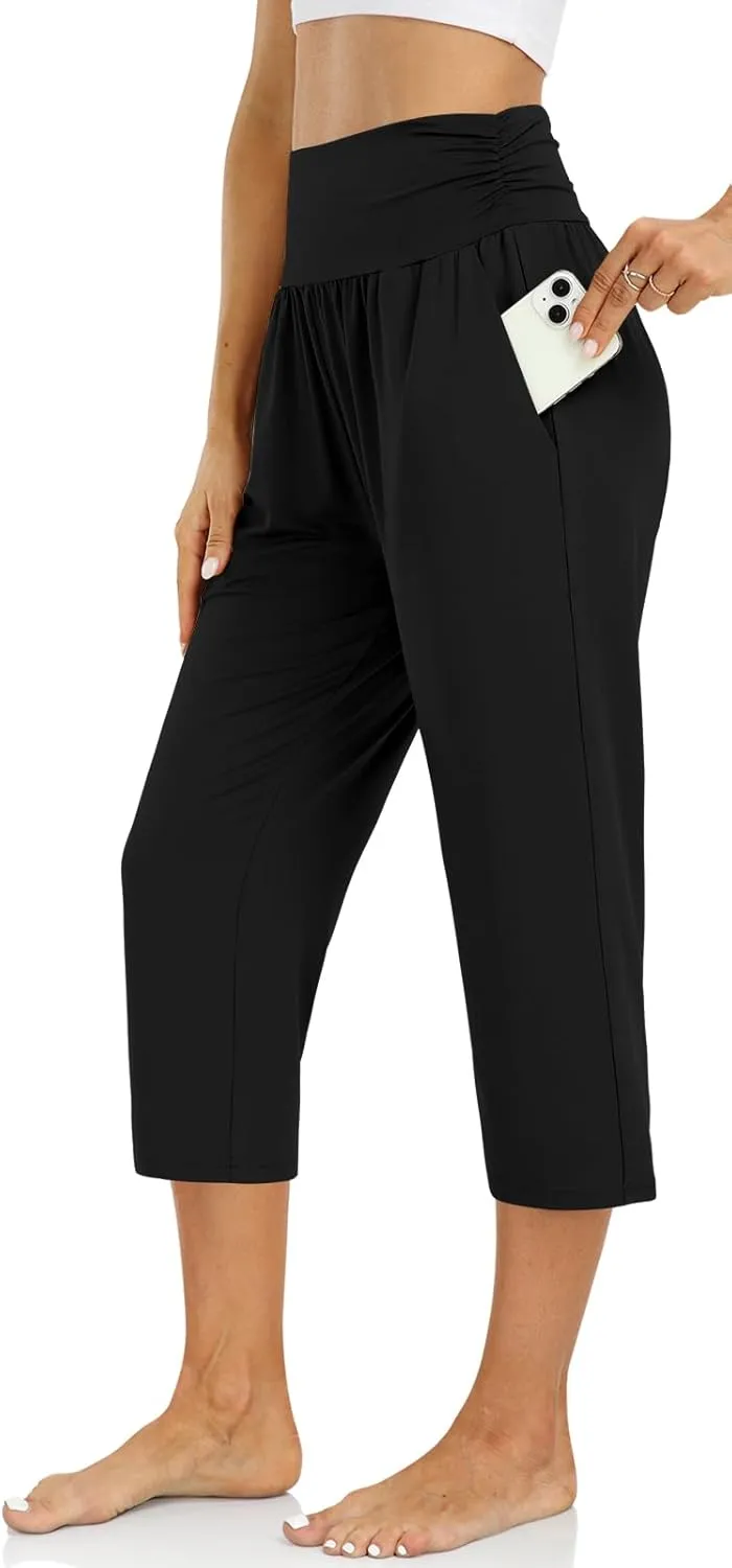 UEU Women's Capri Pants Summer Loose Yoga Pants Comfy Workout Cropprd Pants with Pockets