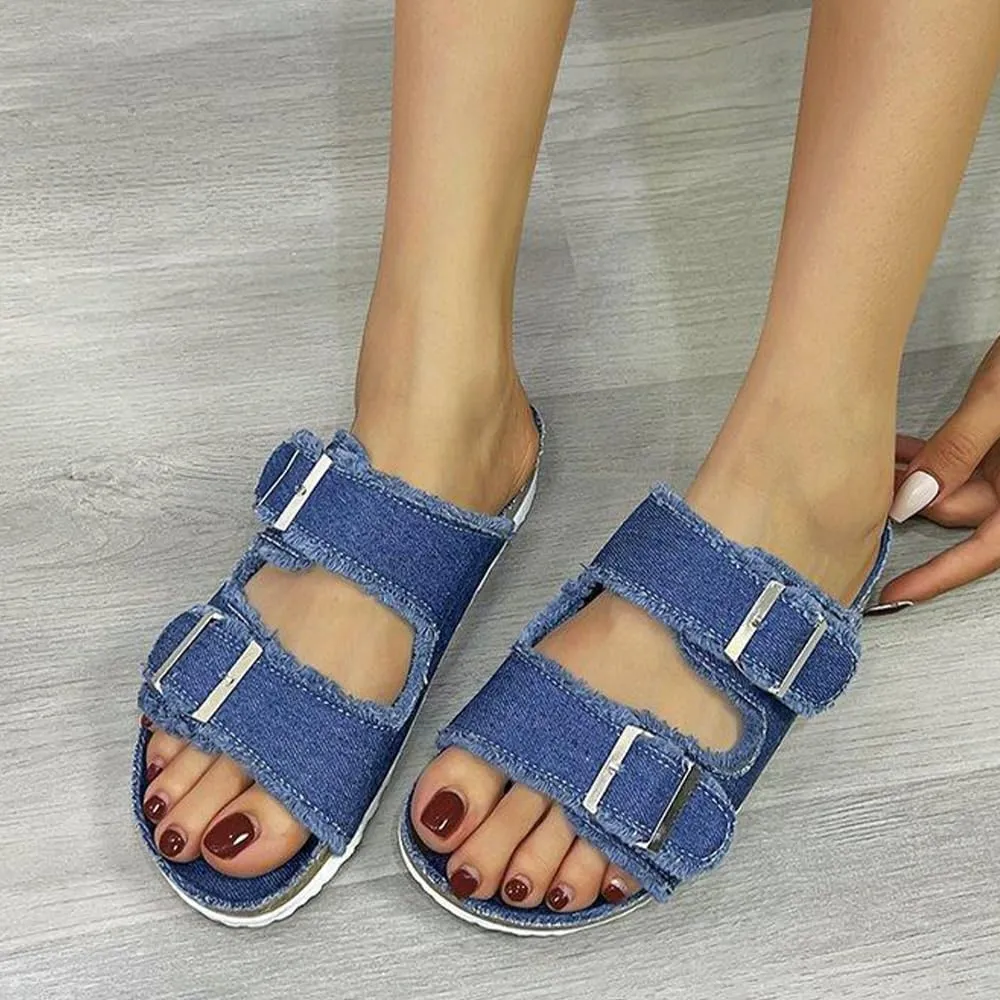 Ulalaza Women's Denim Slides Casual Jean Cloth Flat Mules Open Toe Wedge Slippers Platform Clogs Non-Slip Boho Sandals Close Pointed Toe Heels Backless Slip-On Loafers Walking Flip Flops