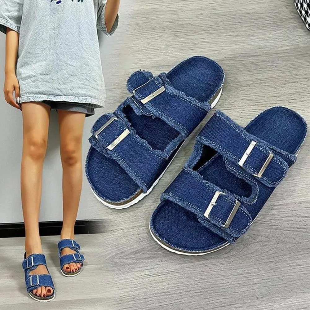 Ulalaza Women's Denim Slides Casual Jean Cloth Flat Mules Open Toe Wedge Slippers Platform Clogs Non-Slip Boho Sandals Close Pointed Toe Heels Backless Slip-On Loafers Walking Flip Flops