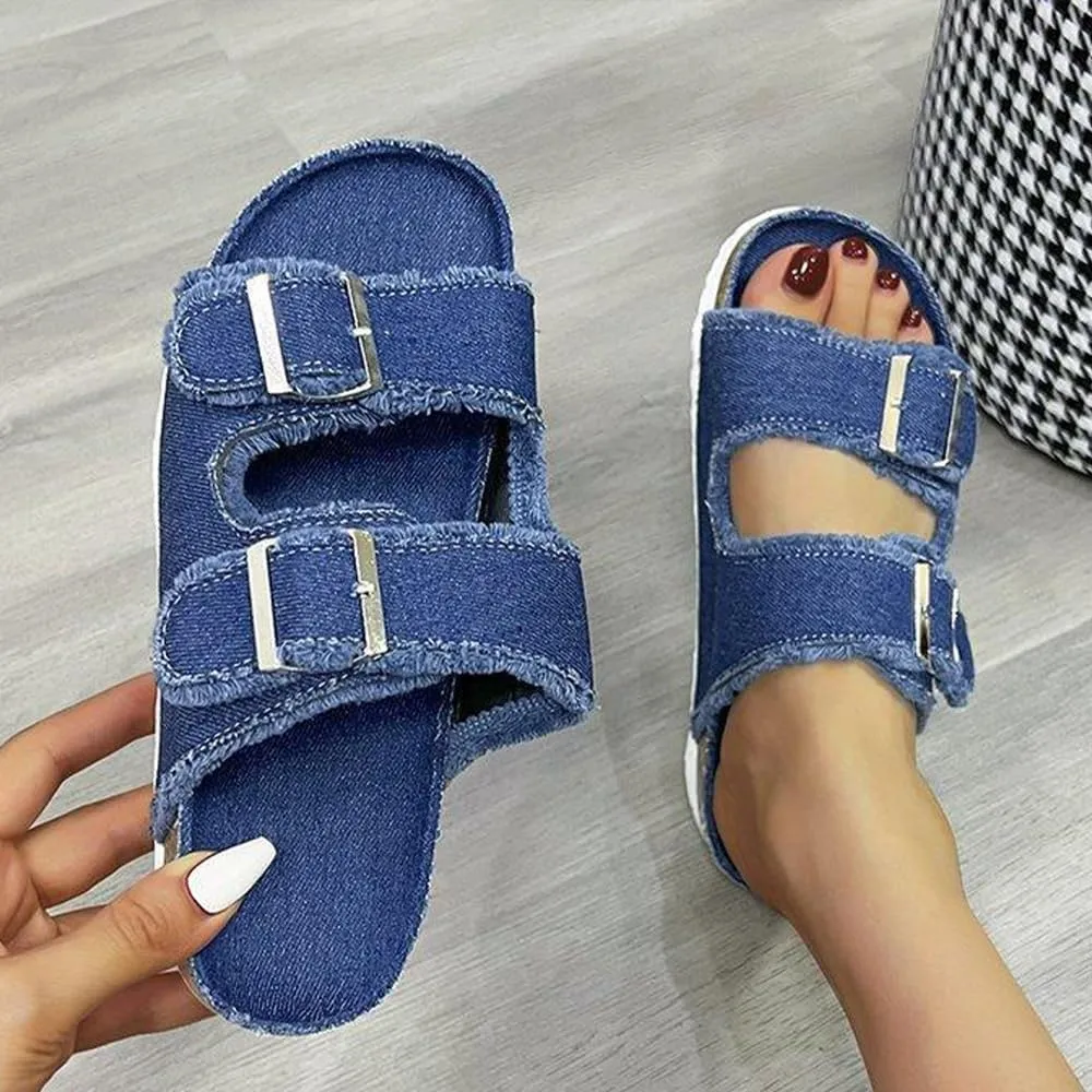 Ulalaza Women's Denim Slides Casual Jean Cloth Flat Mules Open Toe Wedge Slippers Platform Clogs Non-Slip Boho Sandals Close Pointed Toe Heels Backless Slip-On Loafers Walking Flip Flops