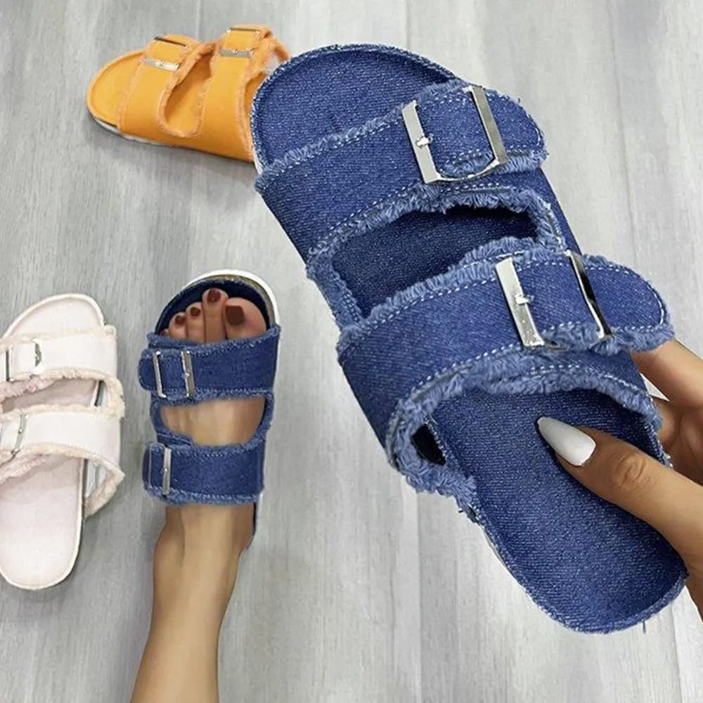 Ulalaza Women's Denim Slides Casual Jean Cloth Flat Mules Open Toe Wedge Slippers Platform Clogs Non-Slip Boho Sandals Close Pointed Toe Heels Backless Slip-On Loafers Walking Flip Flops