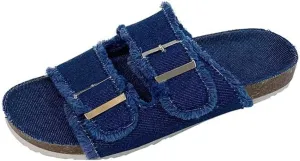 Ulalaza Women's Denim Slides Casual Jean Cloth Flat Mules Open Toe Wedge Slippers Platform Clogs Non-Slip Boho Sandals Close Pointed Toe Heels Backless Slip-On Loafers Walking Flip Flops