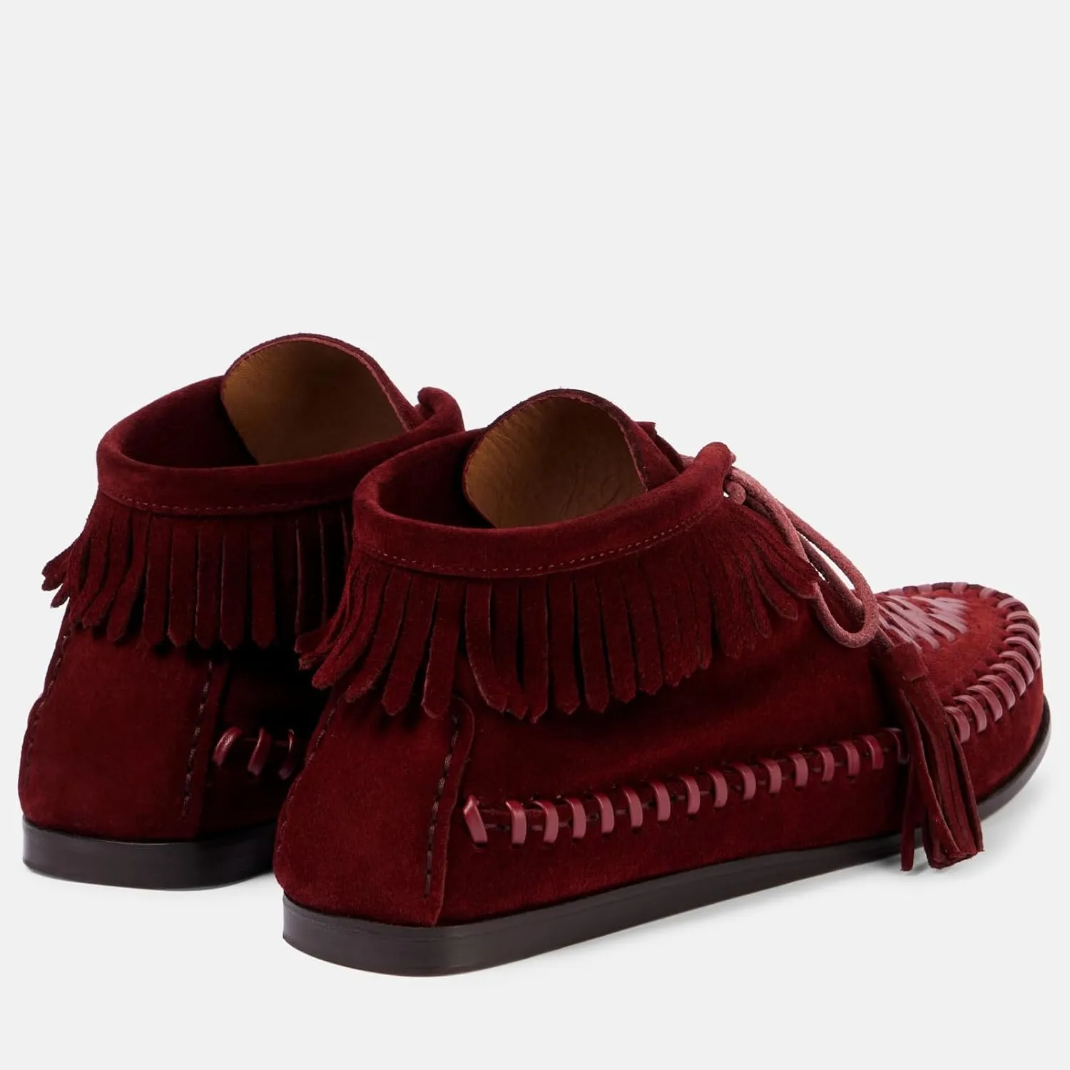 UniqueStride Fringes Suede Ankle Boots Tassels Stitching Flat Booties Slouchy Lace Up Short Boots