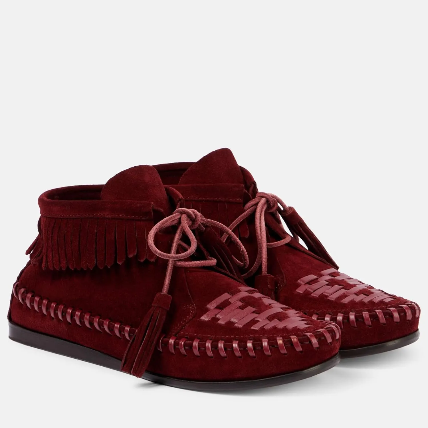 UniqueStride Fringes Suede Ankle Boots Tassels Stitching Flat Booties Slouchy Lace Up Short Boots