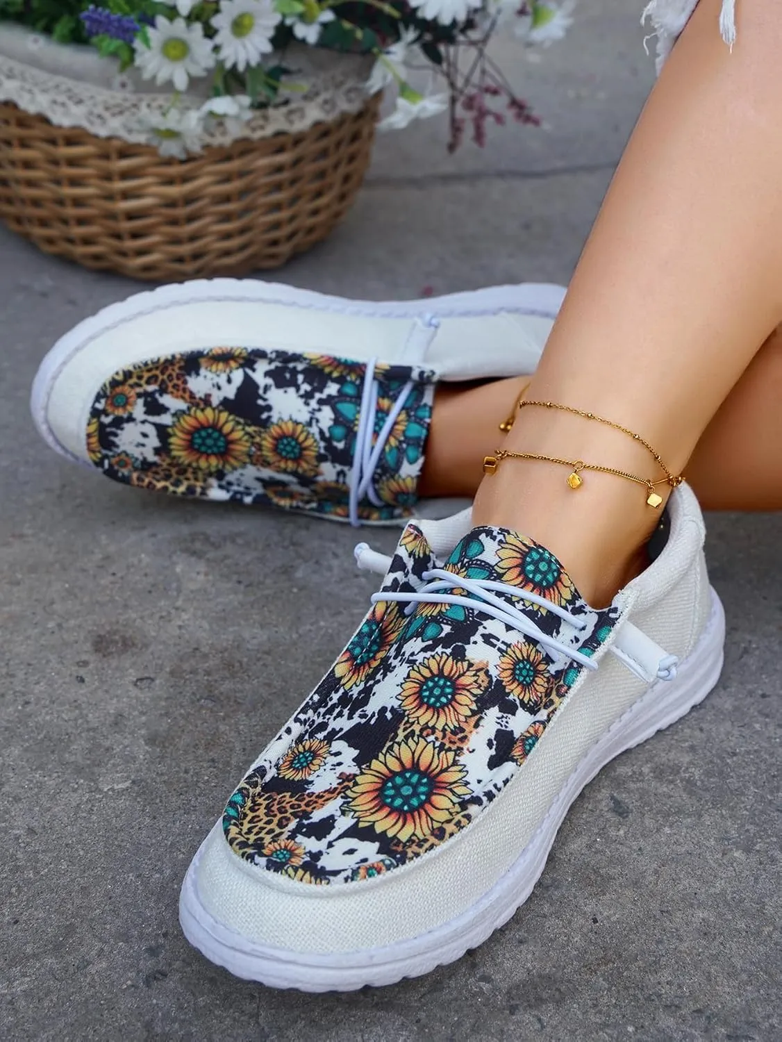 Unisex-Adult Sunflower Floral Canvas Loafers Comfortable Boat Shoes Easy Slip On Lightweight Deck Shoes Elastic Laces Outdoor Flat Walking Shoes Breathable Drving Shoes Sneakers for Women Men