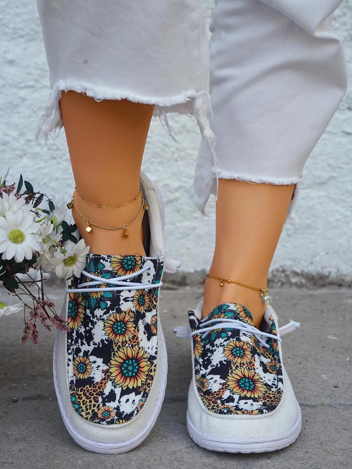 Unisex-Adult Sunflower Floral Canvas Loafers Comfortable Boat Shoes Easy Slip On Lightweight Deck Shoes Elastic Laces Outdoor Flat Walking Shoes Breathable Drving Shoes Sneakers for Women Men