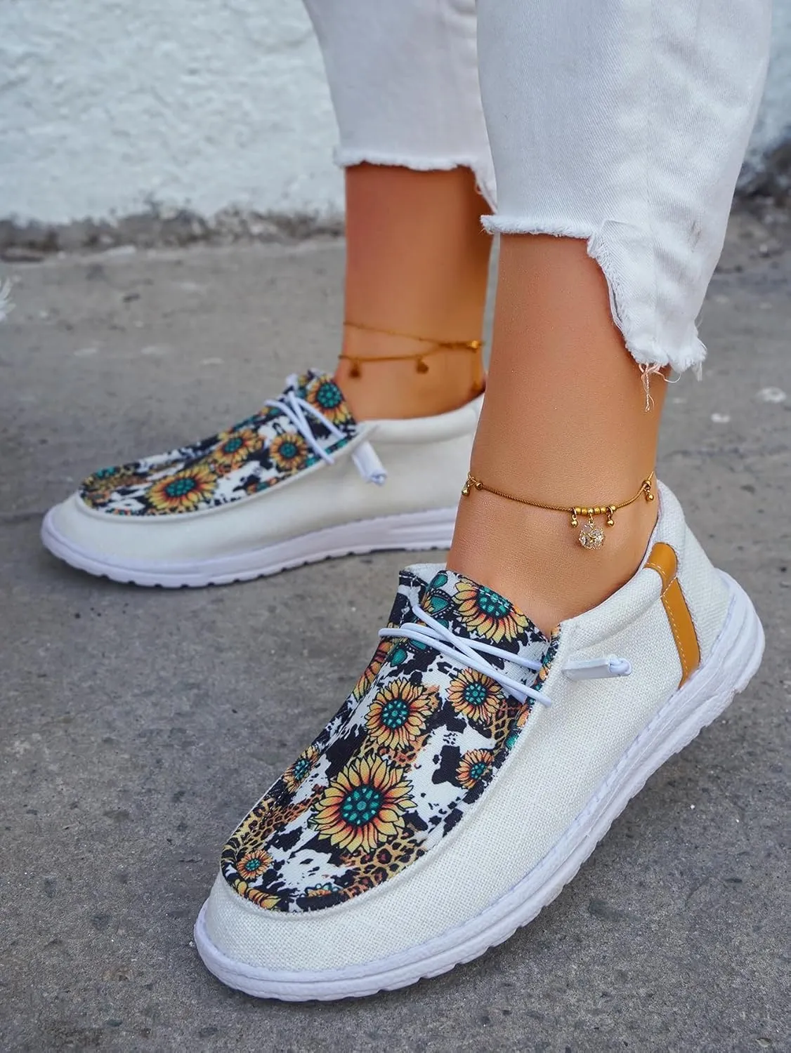 Unisex-Adult Sunflower Floral Canvas Loafers Comfortable Boat Shoes Easy Slip On Lightweight Deck Shoes Elastic Laces Outdoor Flat Walking Shoes Breathable Drving Shoes Sneakers for Women Men