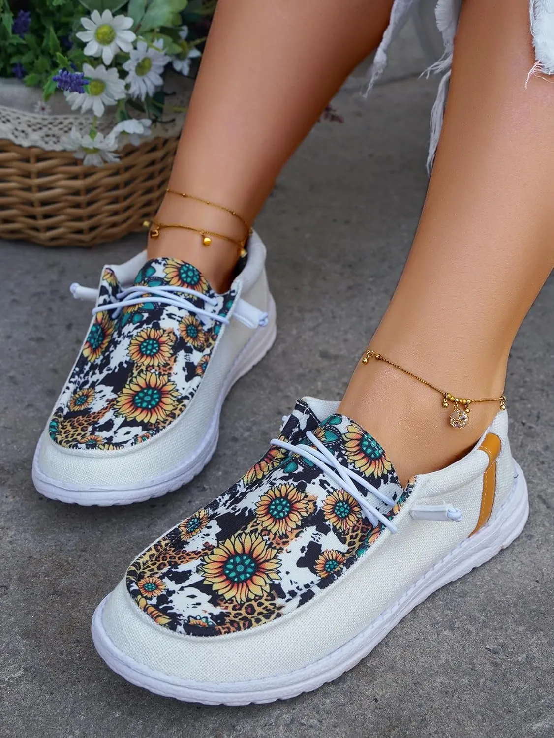 Unisex-Adult Sunflower Floral Canvas Loafers Comfortable Boat Shoes Easy Slip On Lightweight Deck Shoes Elastic Laces Outdoor Flat Walking Shoes Breathable Drving Shoes Sneakers for Women Men