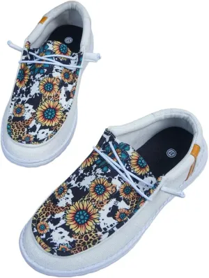 Unisex-Adult Sunflower Floral Canvas Loafers Comfortable Boat Shoes Easy Slip On Lightweight Deck Shoes Elastic Laces Outdoor Flat Walking Shoes Breathable Drving Shoes Sneakers for Women Men