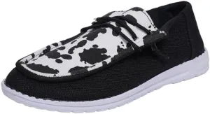 Unisex Cow Pattern Canvas Loafers Elastic Strips Closure Slip-on Sneakers Comfort Easy-Walk Boat Shoes Lightweight Breathable Casual Sports Shoes for Women/Men Adults/Teenagers, Couple Shoes, Black