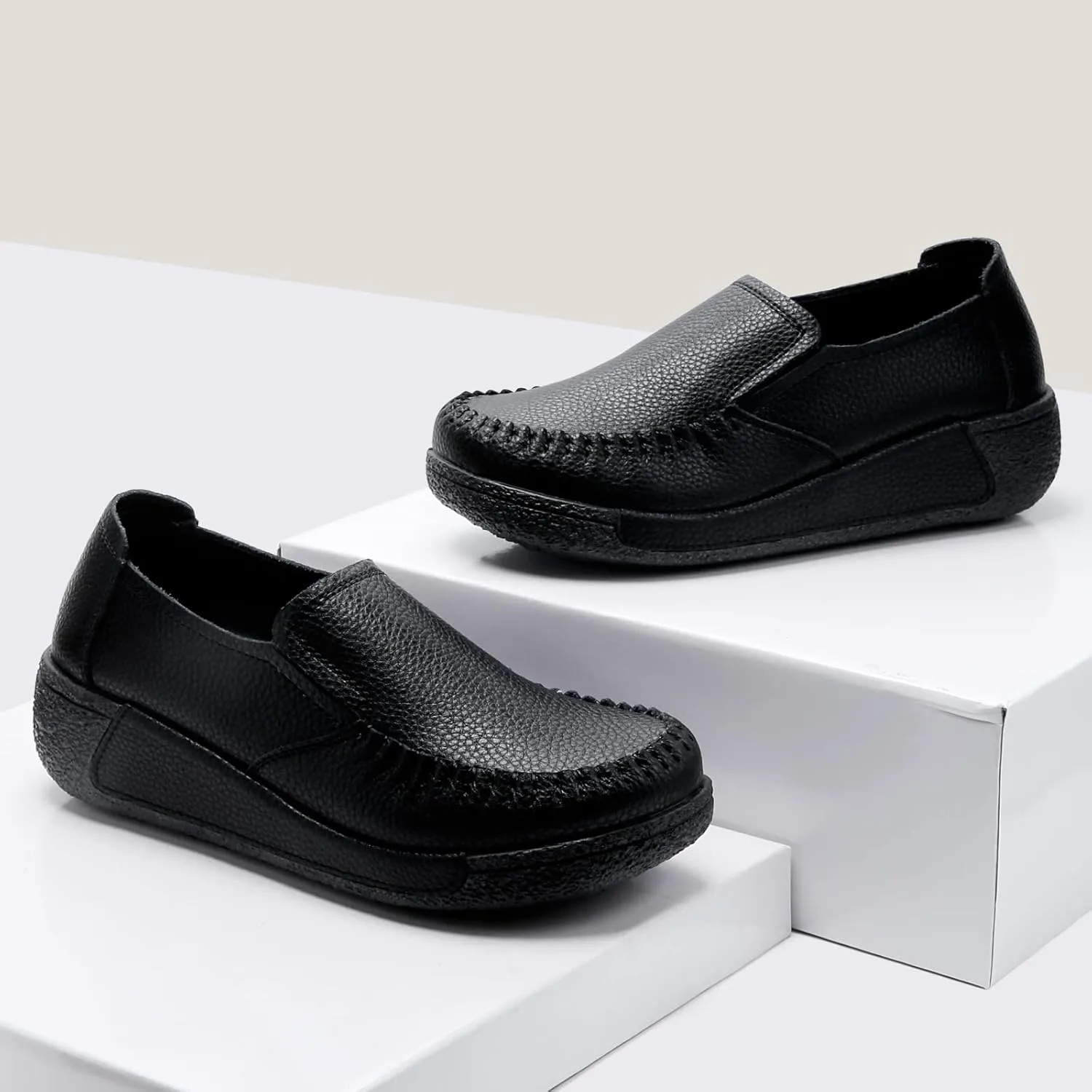 UZB Women's Slip On Loafer Leather Comfort Casual Platform Shoes