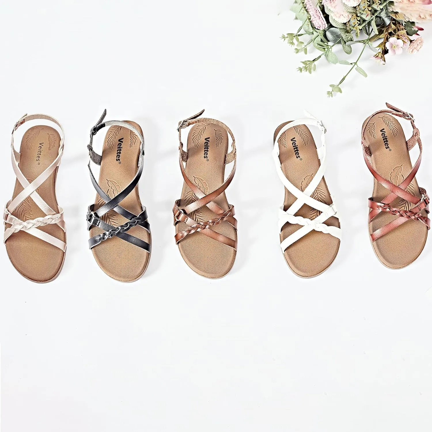 Veittes Women's Flat Slide Sandals-Adjustable Double Elastic Bands,Crossover Straps,Fashion Casual Summer Flat Sandals.