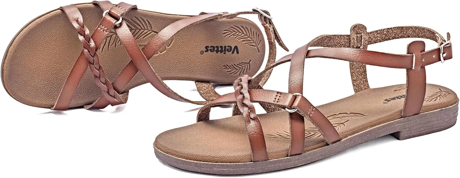 Veittes Women's Flat Slide Sandals-Adjustable Double Elastic Bands,Crossover Straps,Fashion Casual Summer Flat Sandals.
