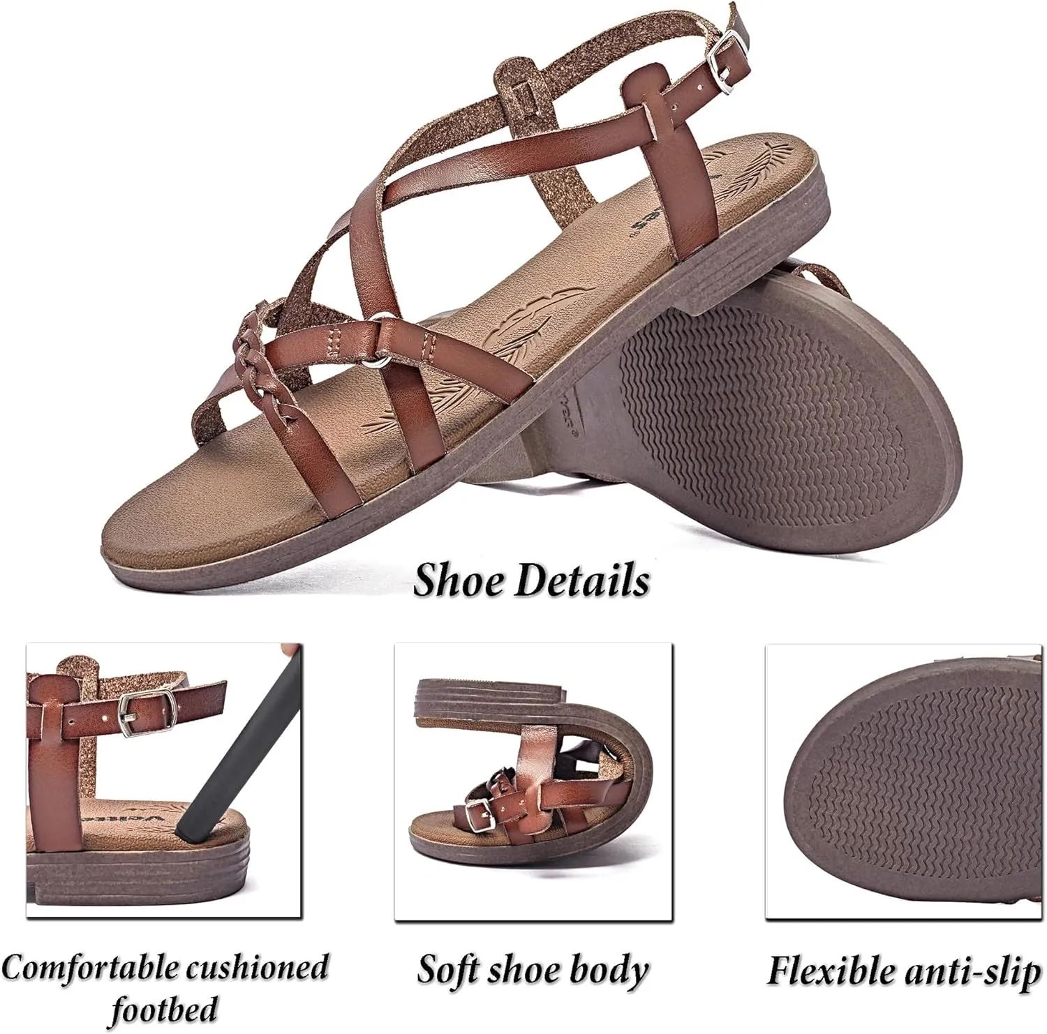 Veittes Women's Flat Slide Sandals-Adjustable Double Elastic Bands,Crossover Straps,Fashion Casual Summer Flat Sandals.