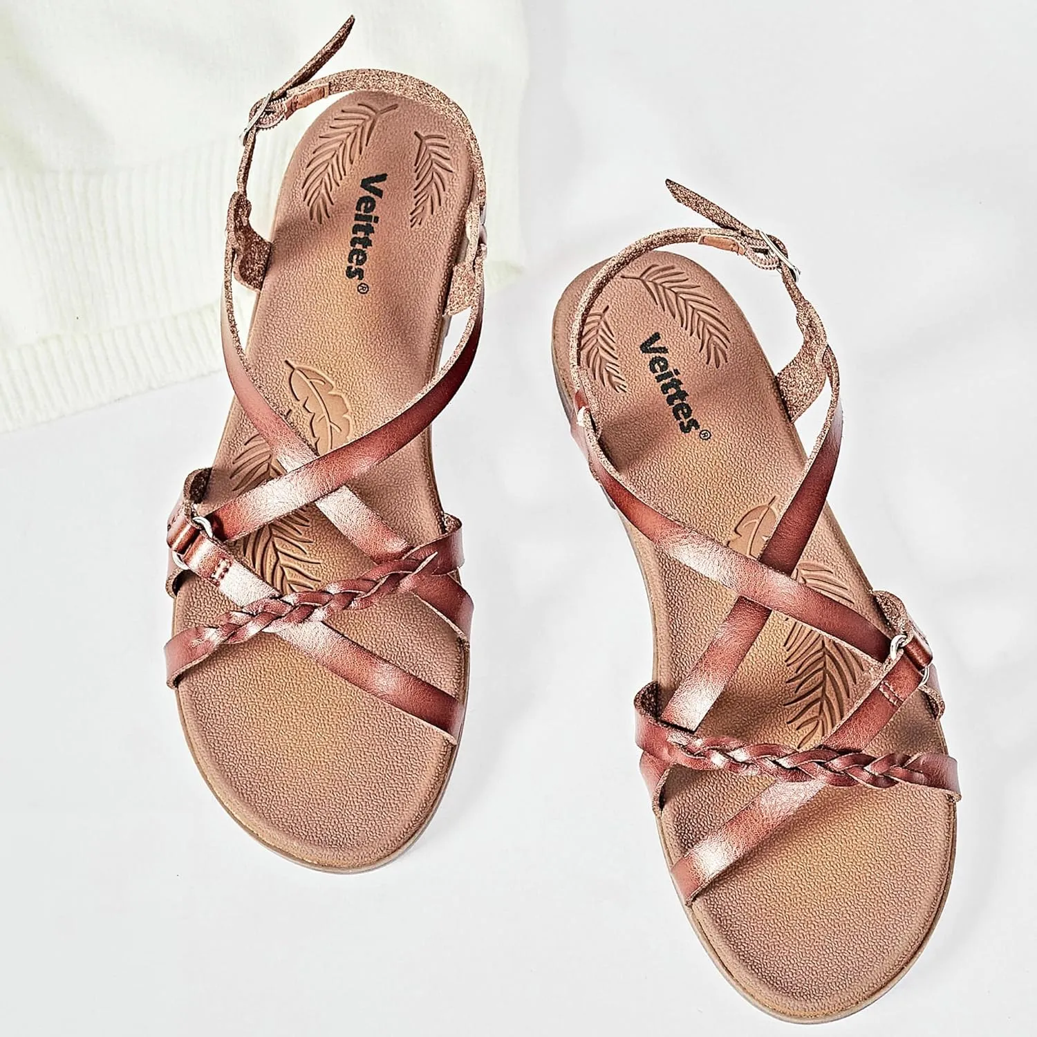 Veittes Women's Flat Slide Sandals-Adjustable Double Elastic Bands,Crossover Straps,Fashion Casual Summer Flat Sandals.