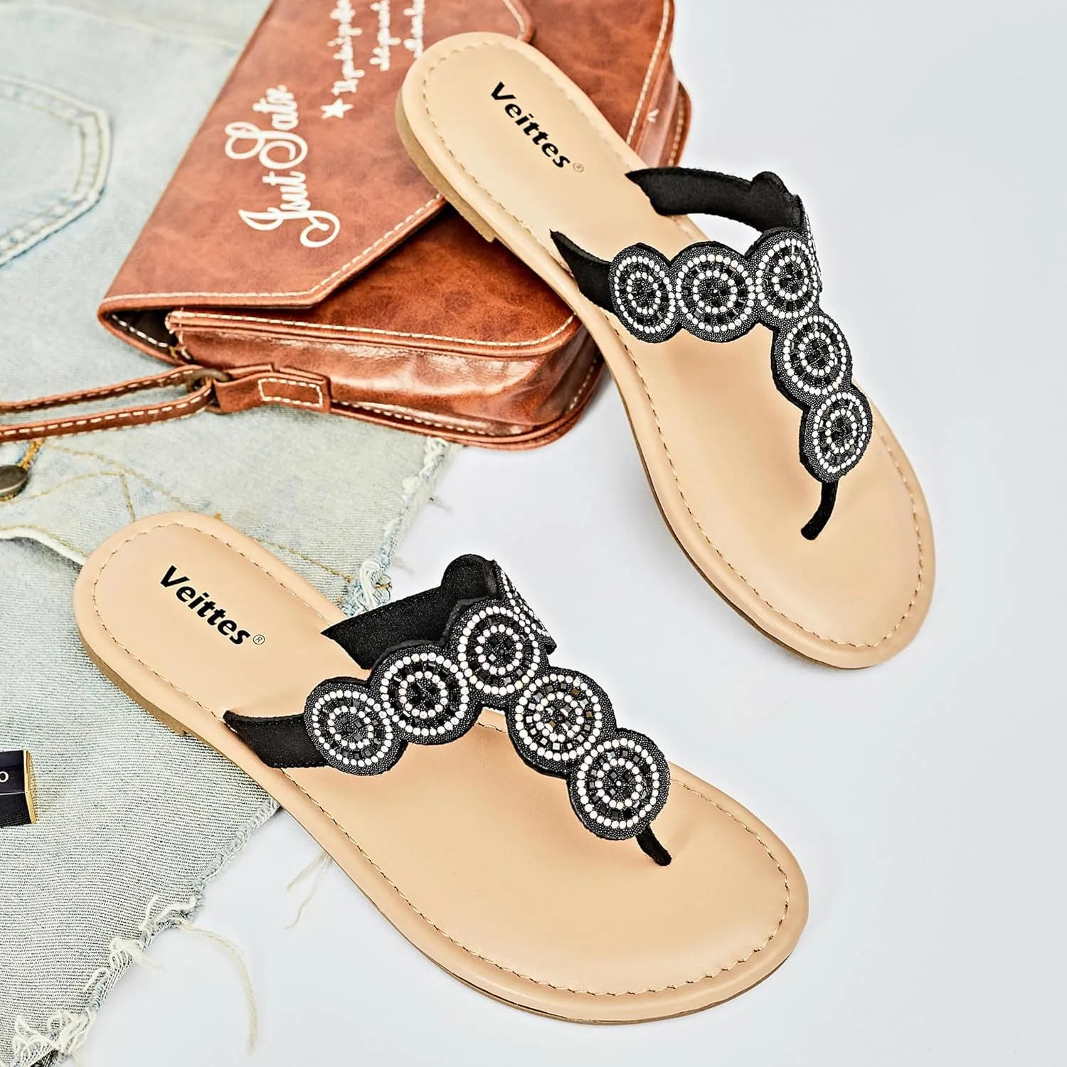 Veittes Women's Flat Slide Sandals - Comfort Casual Criss Cross Flat Summer Shoes.