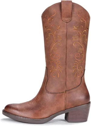 Vepose Women's Cowboy Boots, Embroidered Western Mid-Calf 9802 Cowgirl Boots, Pointed Toe Pull on Boots with Chunky Heel