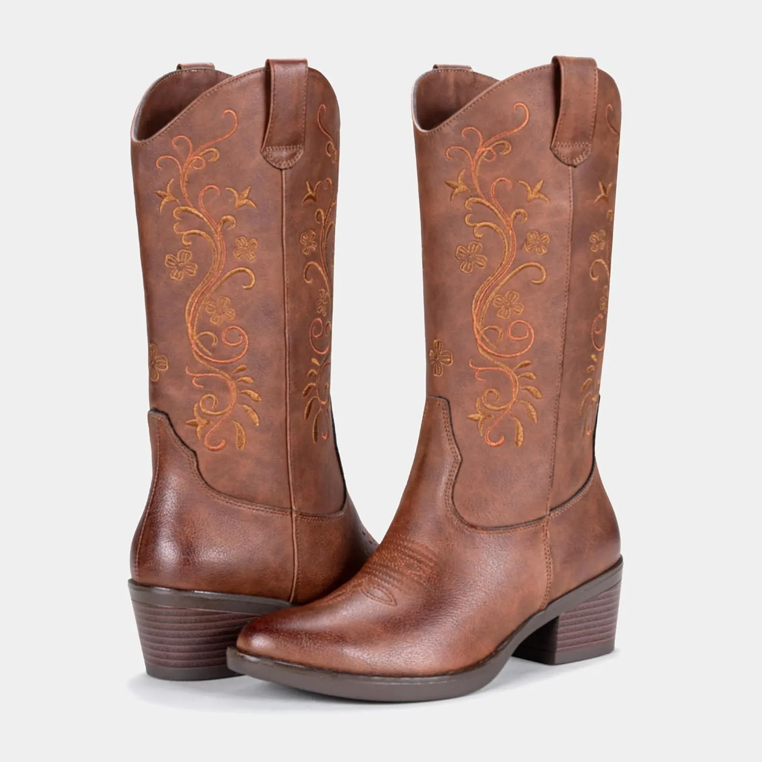 Vepose Women's Cowboy Boots, Embroidered Western Mid-Calf 9802 Cowgirl Boots, Pointed Toe Pull on Boots with Chunky Heel