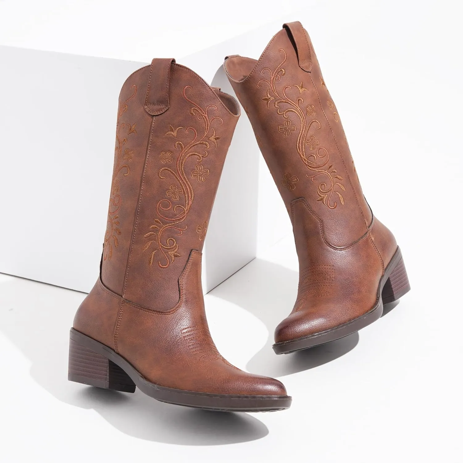 Vepose Women's Cowboy Boots, Embroidered Western Mid-Calf 9802 Cowgirl Boots, Pointed Toe Pull on Boots with Chunky Heel