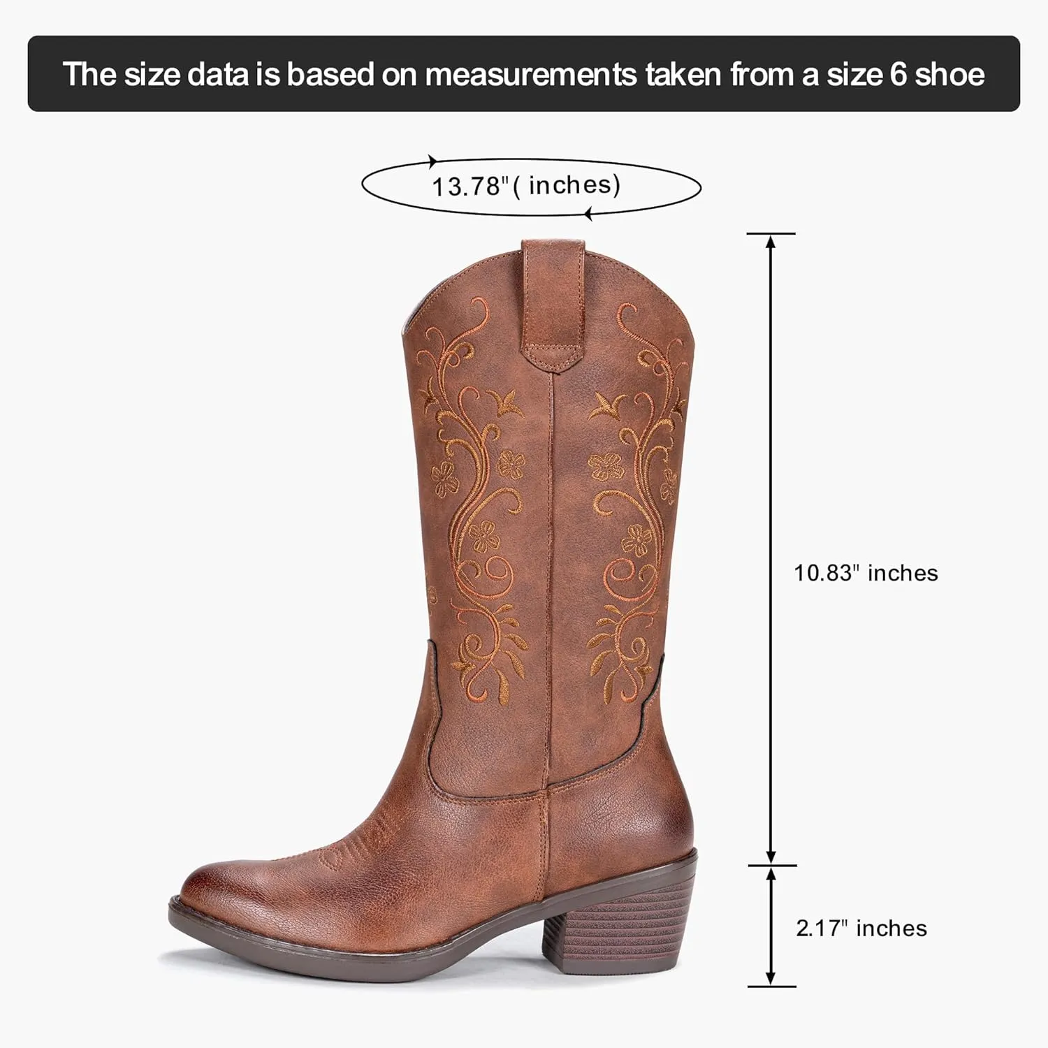 Vepose Women's Cowboy Boots, Embroidered Western Mid-Calf 9802 Cowgirl Boots, Pointed Toe Pull on Boots with Chunky Heel