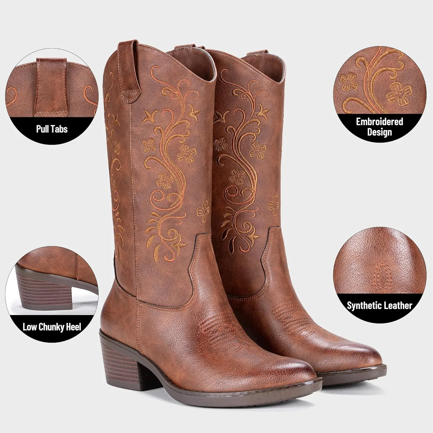Vepose Women's Cowboy Boots, Embroidered Western Mid-Calf 9802 Cowgirl Boots, Pointed Toe Pull on Boots with Chunky Heel