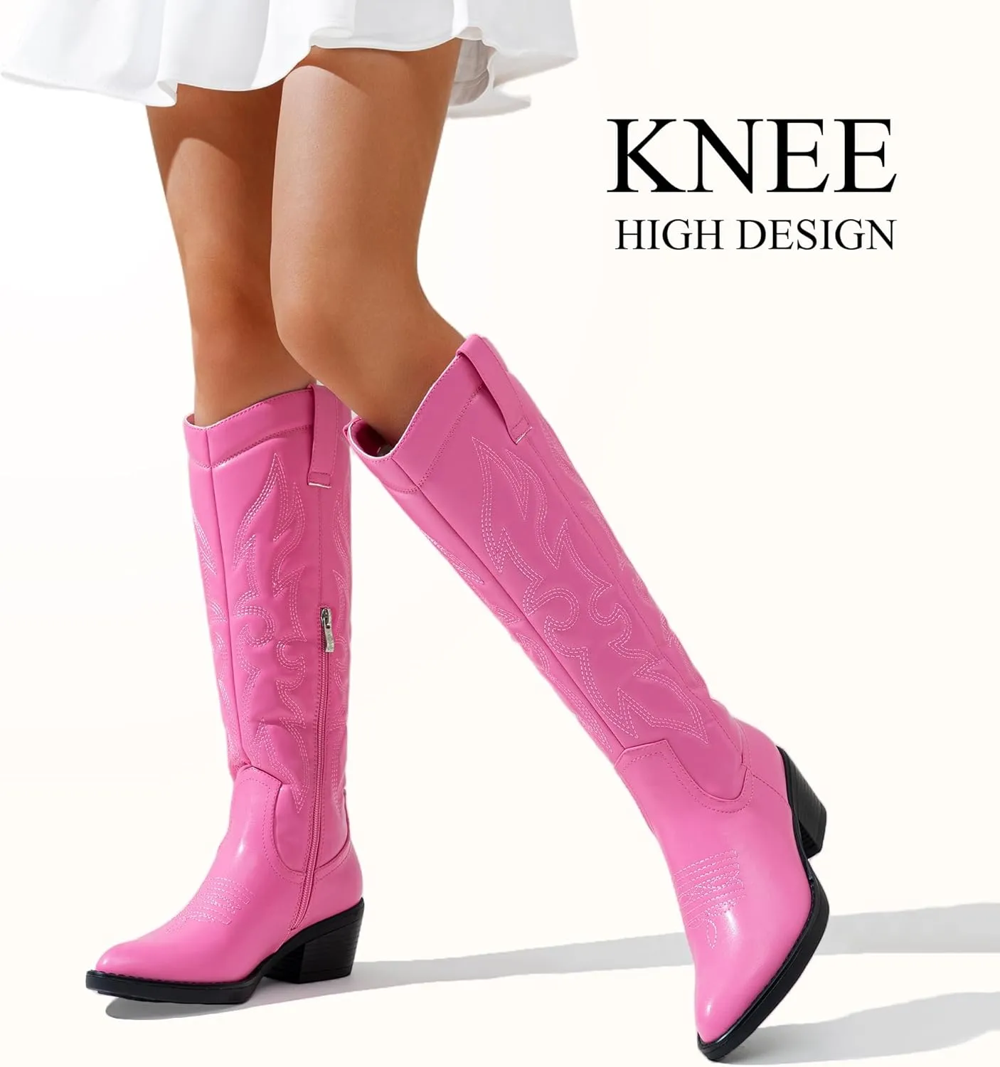 Vepose Womens Tall Cowboy Boots Knee High Cowgirl Low Heel Comfy Boots for Ladies