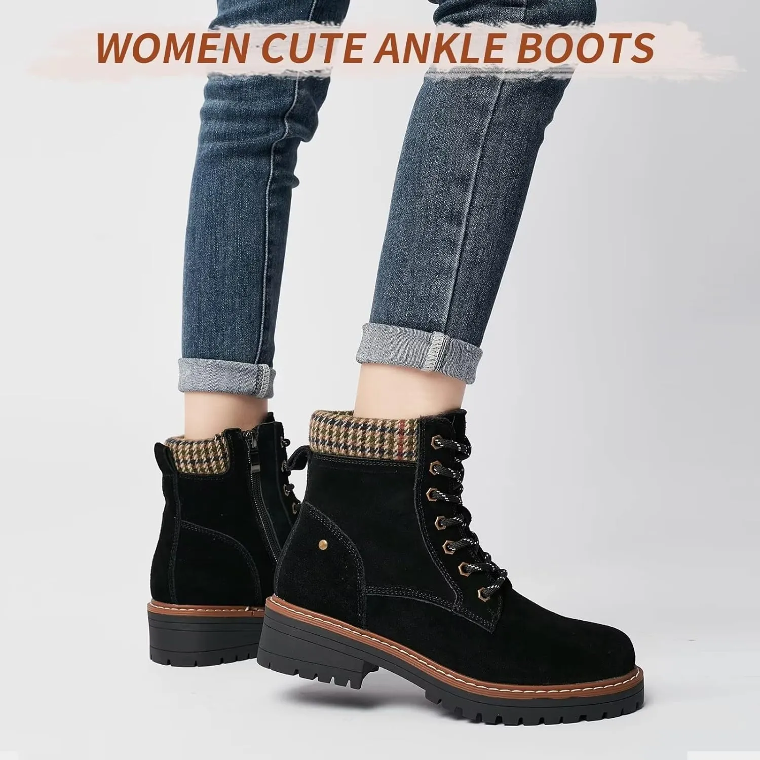 VERDASCO Womens Boots Ladies Casual Water-Resistant Lace Up With Zipper Inside Boots Fashion Round Toe Lug Sole Ankle Boots&Booties for Women