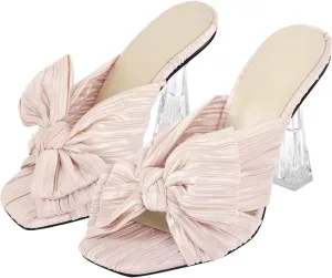 VERISSON Open Toe Mule Bows Band Clear Block High Heels Summer Shoes for Wedding Party