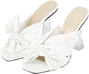 VERISSON Open Toe Mule Bows Band Clear Block High Heels Summer Shoes for Wedding Party