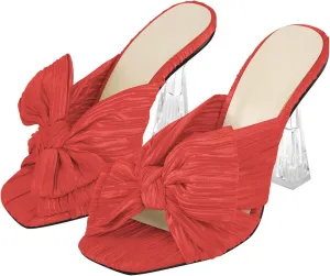 VERISSON Open Toe Mule Bows Band Clear Block High Heels Summer Shoes for Wedding Party