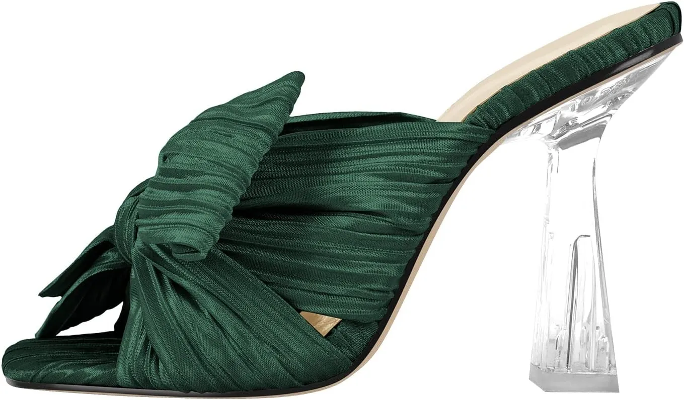 VERISSON Open Toe Mule Bows Band Clear Block High Heels Summer Shoes for Wedding Party
