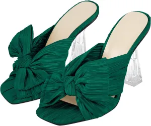 VERISSON Open Toe Mule Bows Band Clear Block High Heels Summer Shoes for Wedding Party
