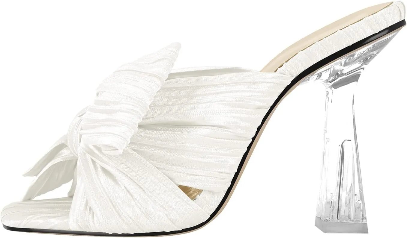 VERISSON Open Toe Mule Bows Band Clear Block High Heels Summer Shoes for Wedding Party